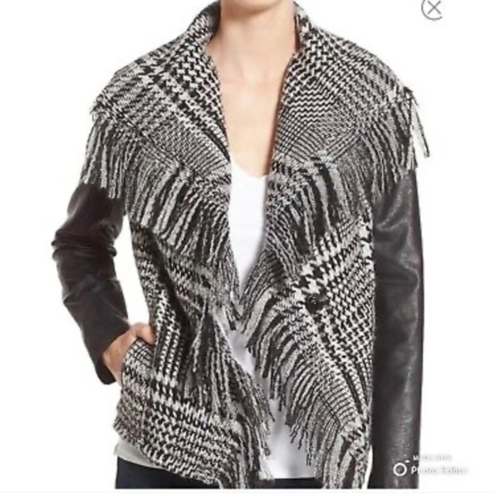 XS guess sweater faux leather with fringe on front classic and stylish